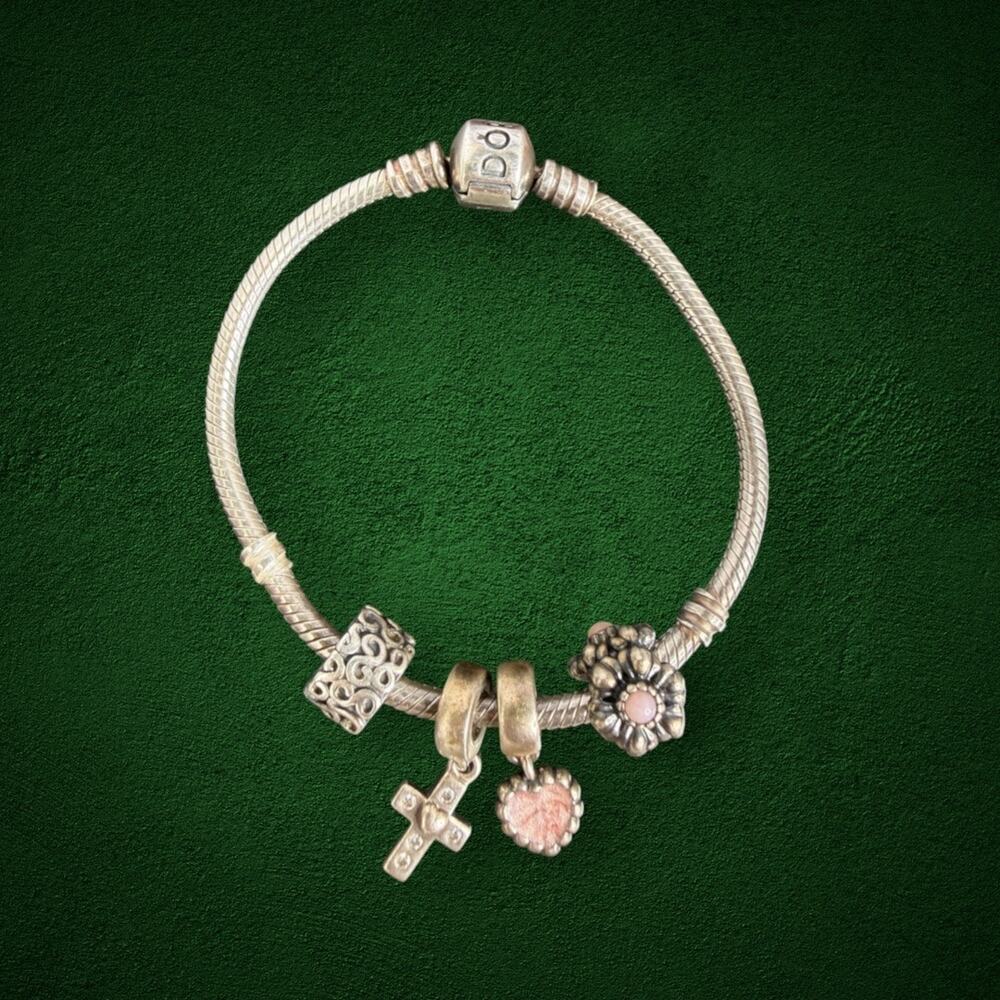 Pandora 925 ALE Sterling Silver Bracelet 7” with 4 Charms Pink Heart Cross